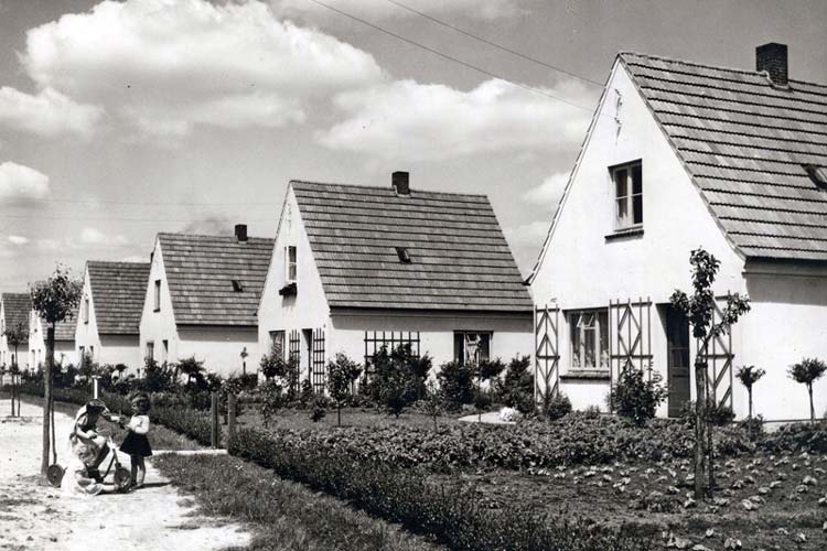 Einfamilienhäuser mit Nutzgärten um 1954.