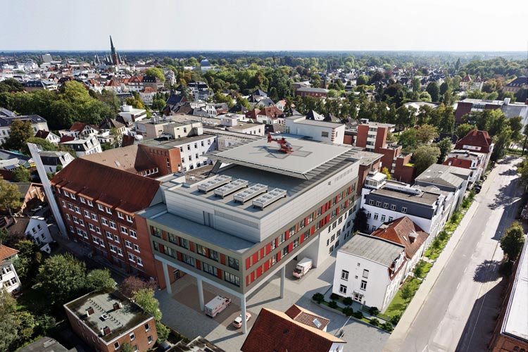 Das Evangelische Krankenhaus in Oldenburg soll um einen neuen sechsstöckigen Trakt – hier auf Stützen – erweitert werden.