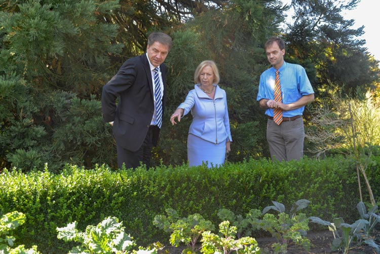 Grünkohl direkt von der Pflanze: Jürgen Krogmann, Johanna Wanka und Dirk Albach probierten im Botanischen Garten die Oldenburger Palme.