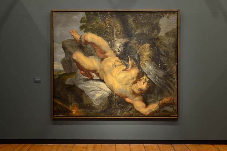 Gekettet an einen Felsen im Kaukasus reißt dem Titanen Prometheus ein Adler jeden Tag die Leber heraus, die ihm in der Nacht nachwächst. Eine Strafe von Zeus, weil er den Menschen verbotenerweise das Feuer gebracht hat. Rubens-Werkstatt, „Der gefesselte Prometheus“, um 1613.