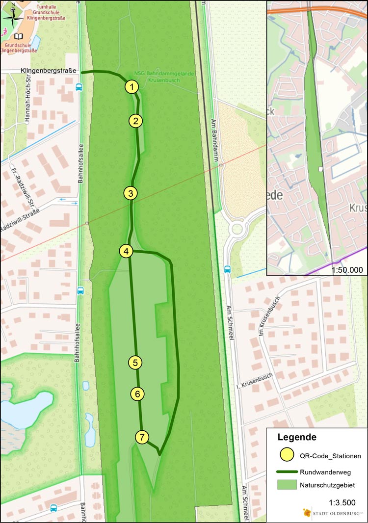 Übersichtskarte des virtuellen Info-Lehrpfad im Naturschutzgebiet „Bahndammgelände Krusenbusch“.