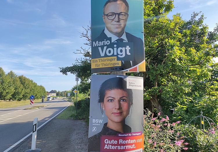 Wahlplakate mit Mario Voigt und Sahra Wagenknecht zur Landtagswahl in Thüringen (Archiv), via dts Nachrichtenagentur