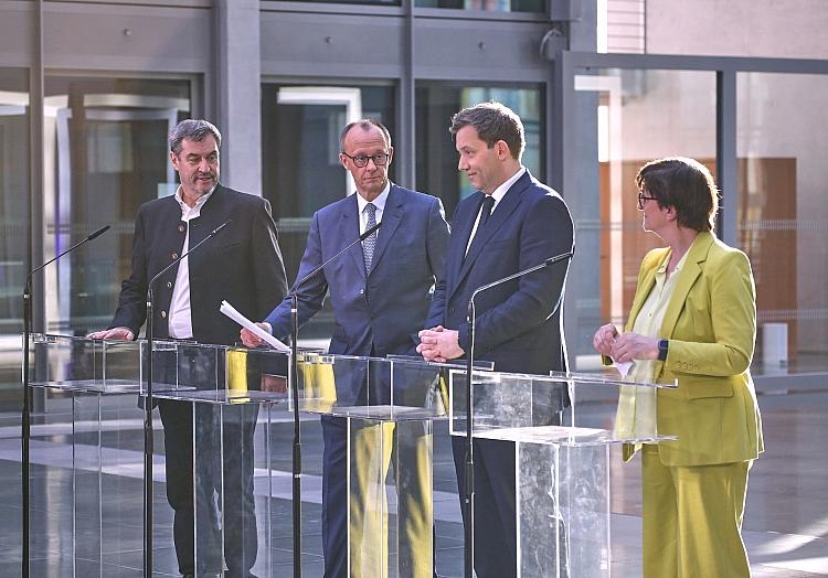 Markus Söder, Friedrich Merz, Lars Klingbeil, Saskia Esken am 08.03.2025, via dts Nachrichtenagentur